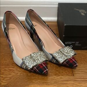 J. Crew Glitter D’Orsay Pump in Plaid Heels with Glitter Bow cream Multi size 9